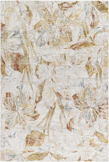 Close-up of Maili Boutique Area Rug featuring a floral pattern in ash, camel, light gray, and light silver. Design-Rectangle-6796