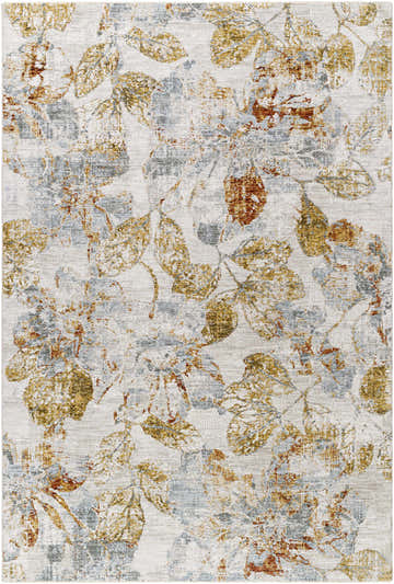 Close-up of the Ouida Floral Rug featuring a distressed leaf pattern in copper, silver, and light wood tones. Design-Rectangle-6796