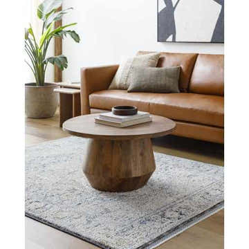 Living room scene with a brown leather sofa and Charo Light Gray Area Rug under a wooden coffee table. Roomscene-Rectangle