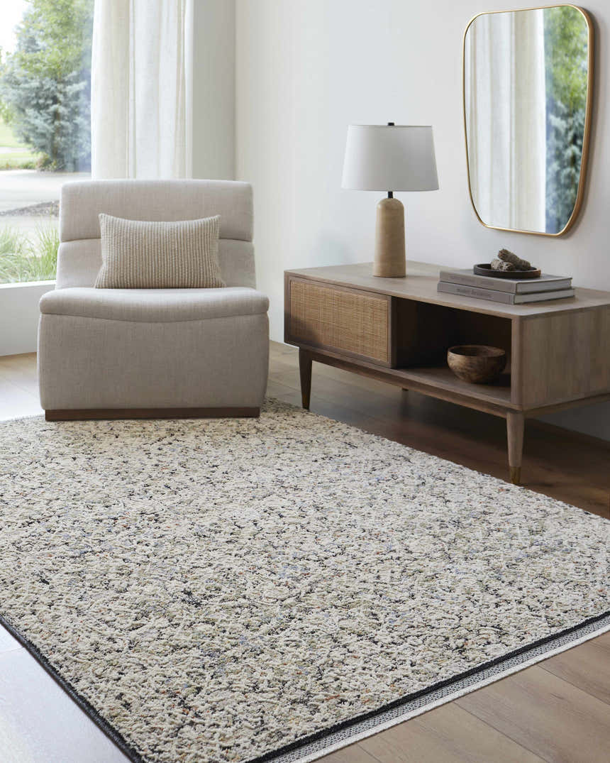 Neutral living room with a Haran Cloud Gray Area Rug, chair, wood console table, and gold mirror. Roomscene-Rectangle