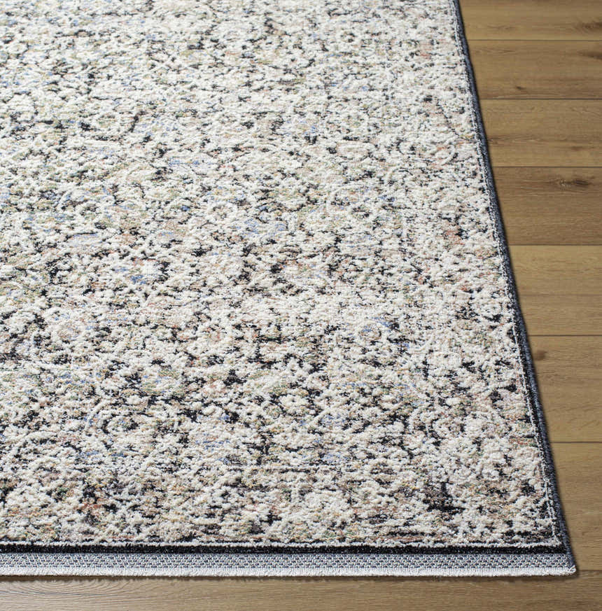 Close-up of the Haran Cloud Gray Area Rug, showcasing its traditional pattern, cloud gray and medium gray colors, and soft texture. Front