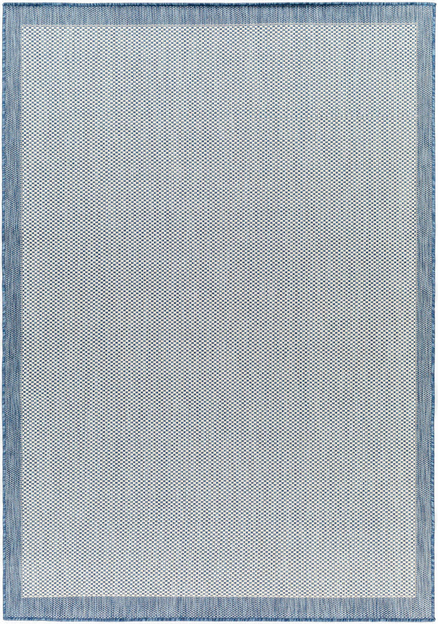 Close-up of the Aleid Blue Area Rug, showcasing its woven texture, denim blue border, and geometric pattern. Design-Rectangle-537