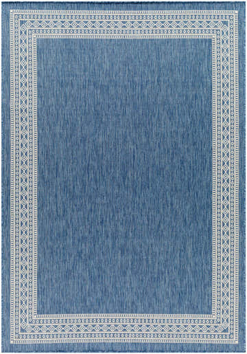 Close-up of the Aleli Blue Area Rug, featuring a light blue center and a geometric patterned border. Design-Rectangle-537
