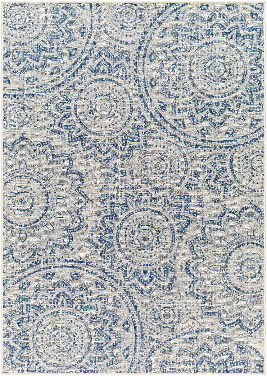 Close-up of the Ayala Blue Durable Rug featuring a traditional medallion pattern in arctic sky and stone hues. Design-Rectangle-537