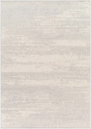 Close-up of the Cline Cream Area Rug, a contemporary rug with beige, bone, and gray tones. Machine woven texture. Design-Rectangle-537