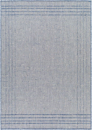 Close-up of the Eneco Blue Area Rug, featuring a woven texture and horizontal stripes in denim and light gray. Design-Rectangle-537