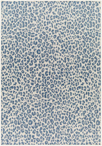 Close-up of the Garbo Blue Leopard Print Area Rug, featuring a blue animal print design on a light background. Design-Rectangle-537