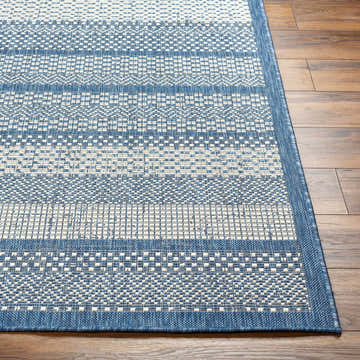 Close-up of the Hessa Blue Area Rug showing its woven texture and geometric stripe pattern in blue and off-white. Front