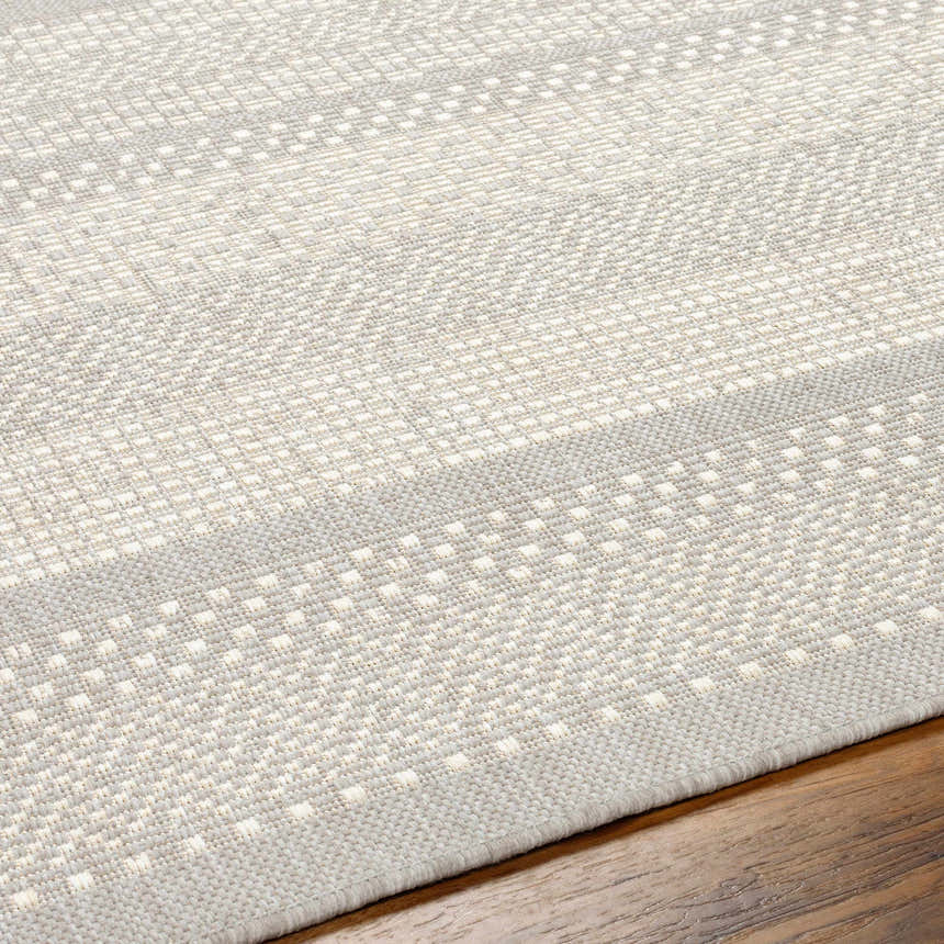 Close-up of Hessa Cream Area Rug showing beige, bone, and gray woven texture and geometric dot pattern. Texture
