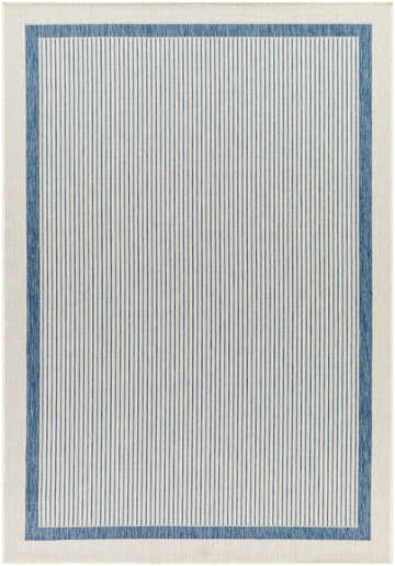 Close-up of the Hevel Blue Area Rug. Beige rug with a blue border and thin blue vertical stripes. Contemporary style. Design-Rectangle-537