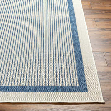 Close up of the Hevel Blue Area Rug showing a beige and blue striped design and textured weave. Front