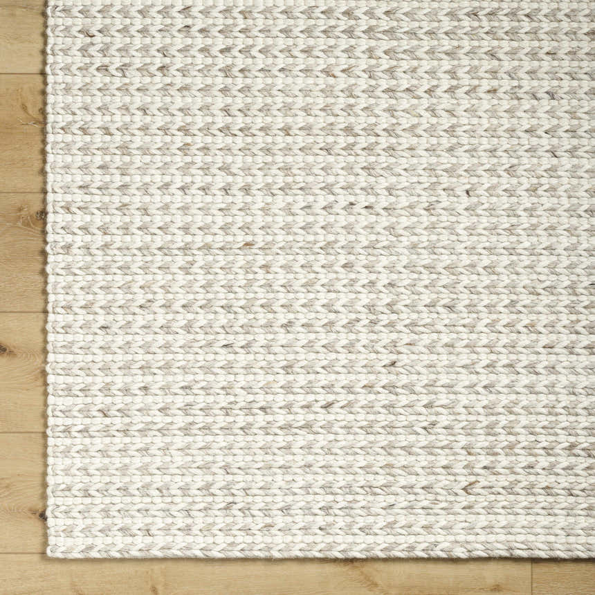 Close up of the Lenci Antique Beige Area Rug showing its hand woven texture and beige and bone color. Swatch