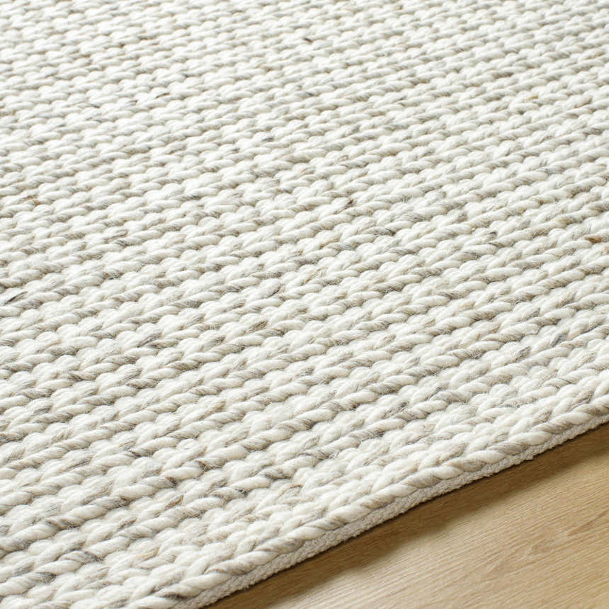 Close-up of the hand-woven Lenci Antique Beige Area Rug. Beige and bone tones with a textured, contemporary design. Texture