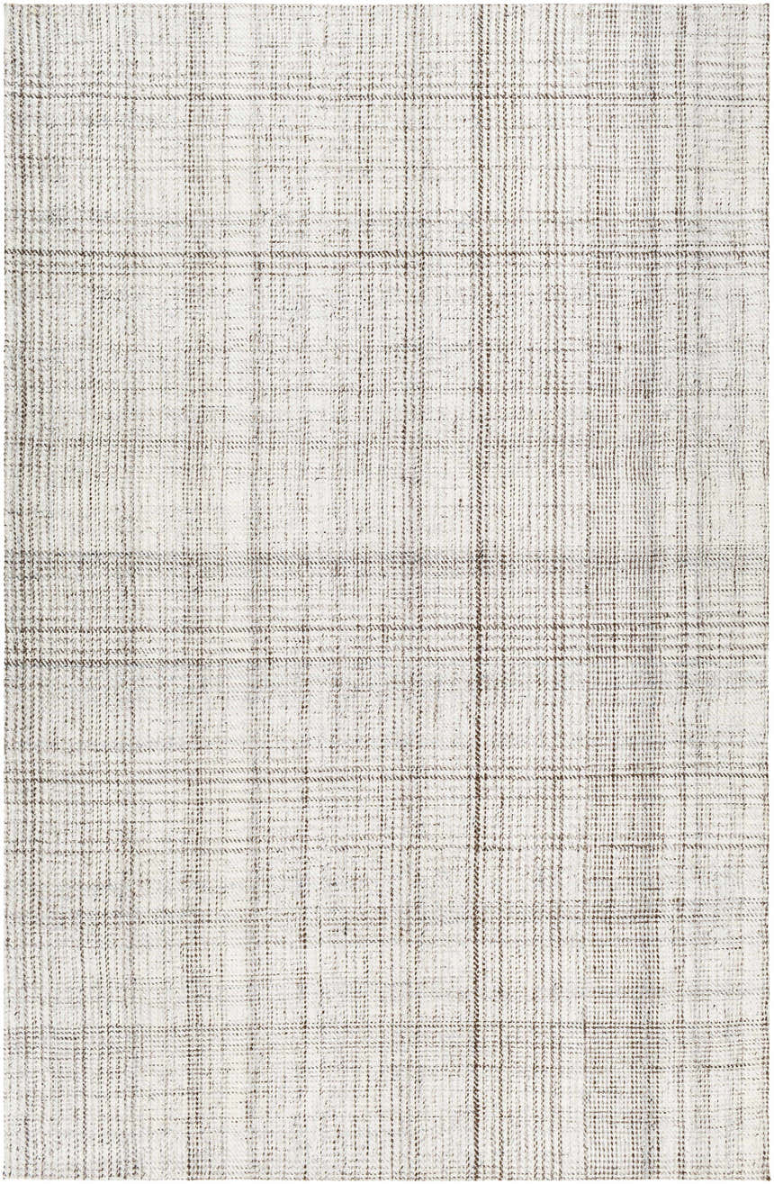 Close up of the Jezel Beige Area Rug, a hand woven rug with a subtle brown plaid pattern. Design-Rectangle-576