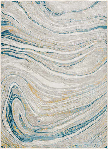 Close up of the Gregg Silver Gray Marble Area Rug featuring a swirling gray, blue, and gold pattern. Design-Rectangle-537