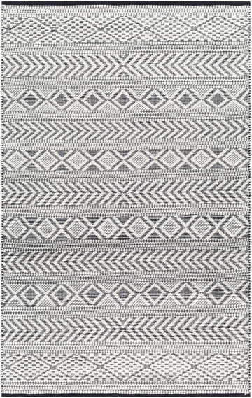 Close-up of the hand woven Asuka Area Rug. Gray, ink, and off-white geometric, Scandinavian design. Wool blend texture. Design-Rectangle-576