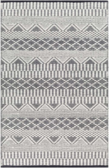 Close-up of the Carly Area Rug, a hand-woven rug with a geometric pattern in dark gray, nickel, off white, and taupe. Design-Rectangle-576