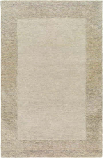 Close-up of the hand-tufted Amadi Wool Area Rug. Features a beige center and a textured, medium brown border. Design-Rectangle-576