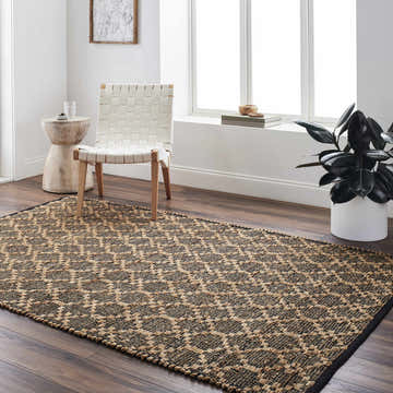 Living room scene with Baara Area Rug in camel and driftwood, woven pattern, chair, side table, and plant. Roomscene-Rectangle