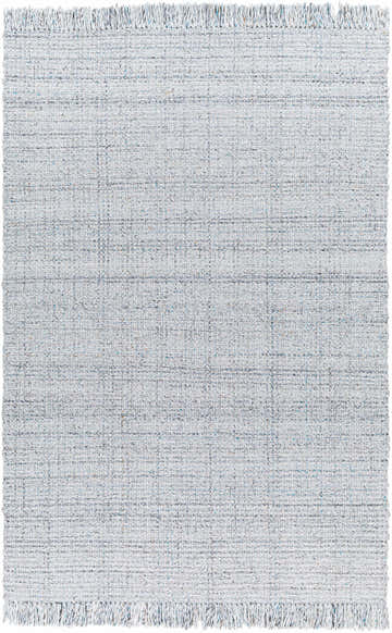 Close-up of the Light Blue Aron Area Rug showing its hand woven texture and fringe detail. Recycled PET yarn rug. Design-Rectangle-576