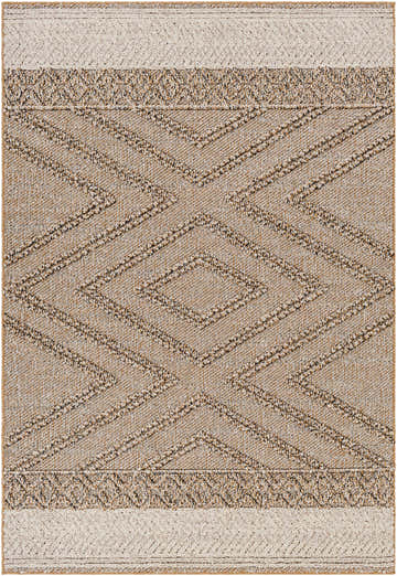 Close-up of Beige Areli Area Rug featuring a contemporary diamond pattern in taupe, mustard, and black hues. Design-Rectangle-537