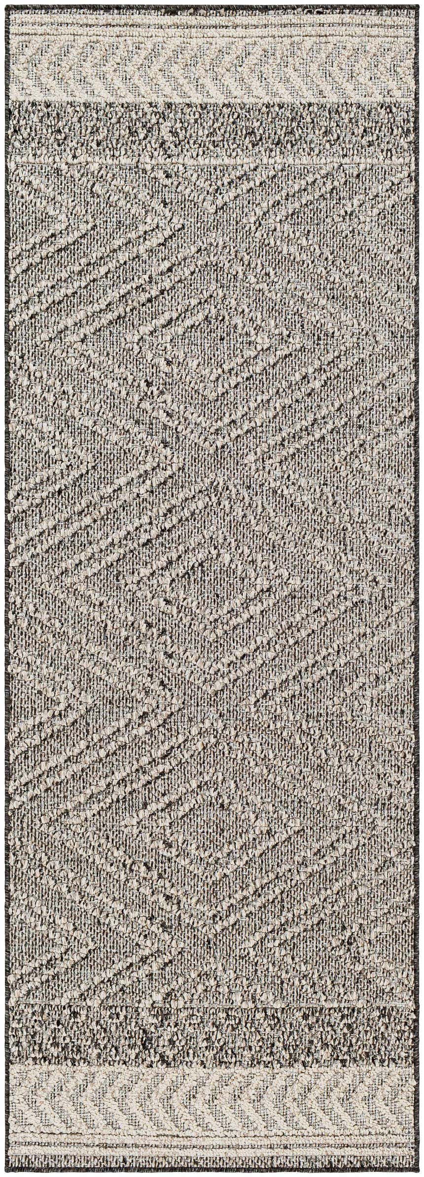 Close-up of the Areli Beige / Brown Outdoor Rug. Features a contemporary geometric pattern and textured weave. Design-Runner-2773