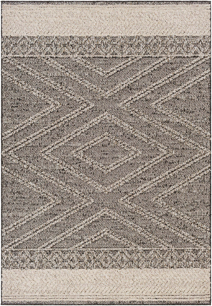 Close-up of the Areli Beige / Brown Outdoor Rug. Features a geometric diamond pattern and textured weave. Neutral colors. Design-Rectangle-537