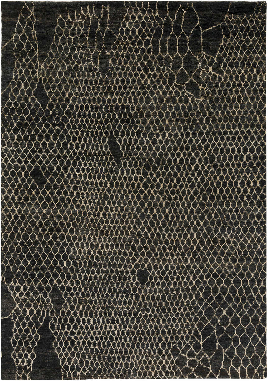 Close-up of the Stephentown Clearance Jute Rug, featuring a black and tan geometric, hand-knotted design. Natural fibers. Design-Rectangle-811