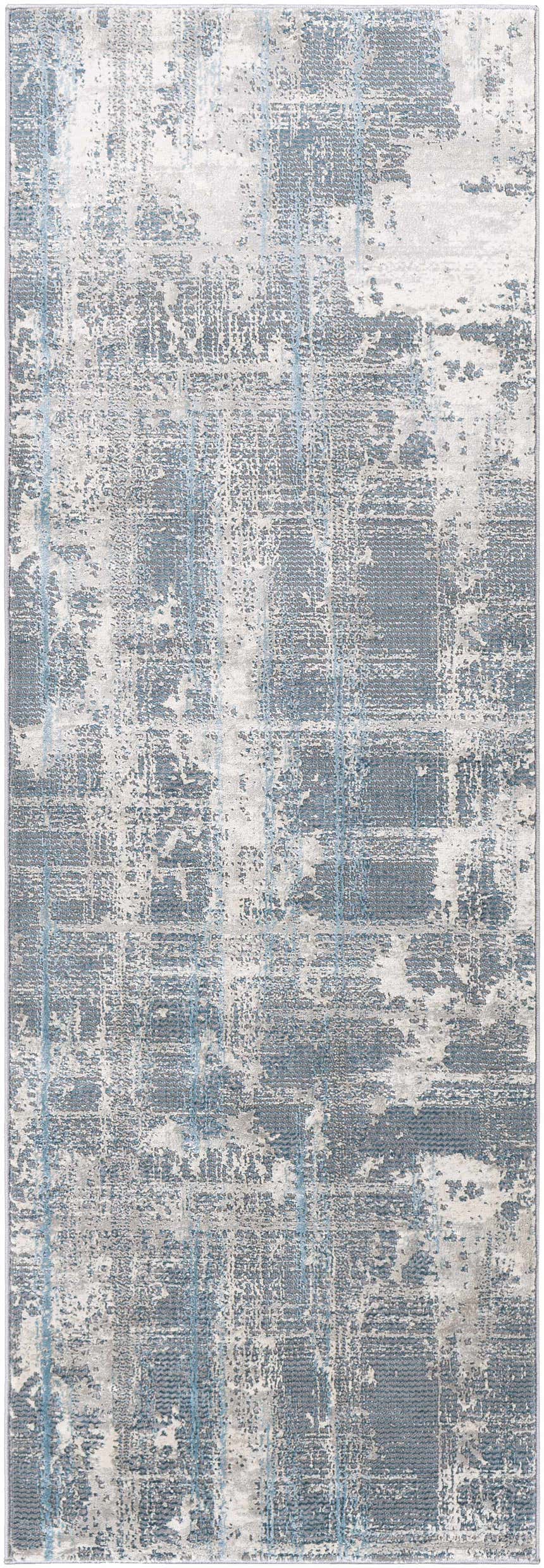 Close-up of Stokenchurch Area Carpet: contemporary design in shades of gray, white, and subtle blue accents. Design-Runner-2777