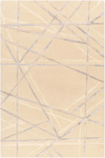 Close-up of the Amjad Area Rug. Beige wool rug with a contemporary gray geometric line pattern. Hand-tufted texture. Design-Rectangle-576