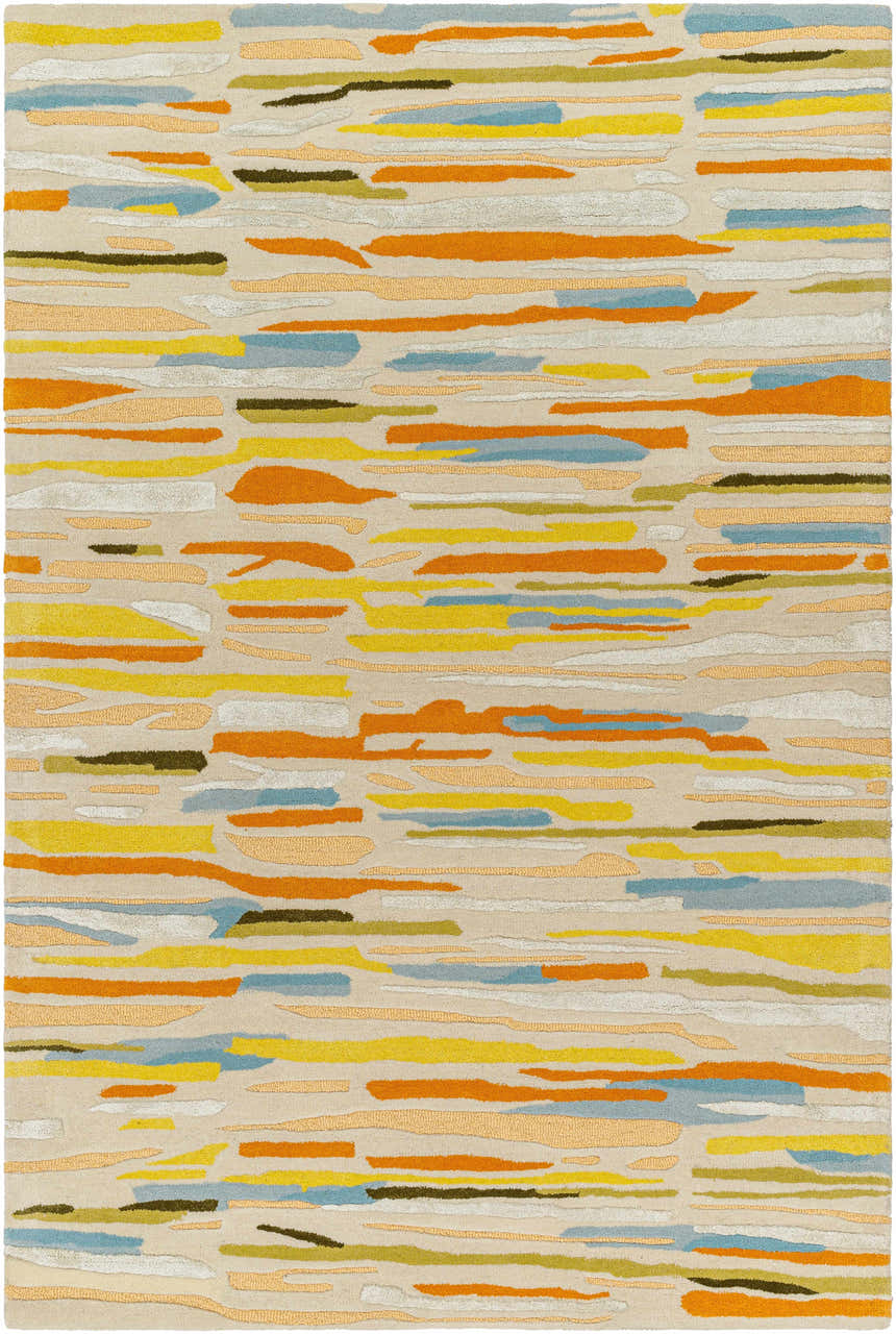 Close-up of the Aram Area Rug featuring a contemporary stripe pattern in bronze, orange, gray, and blue hues. Design-Rectangle-576