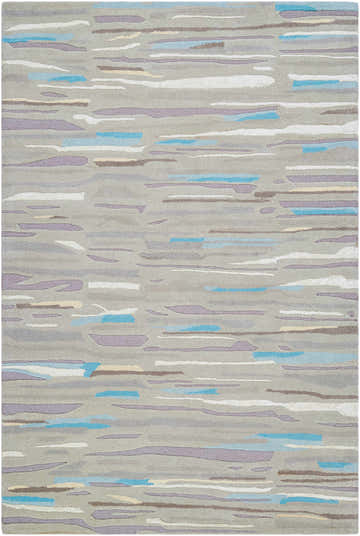 Close-up of the Atius Area Rug featuring a contemporary horizontal stripe design in gray, blue, brown, and white. Design-Rectangle-576