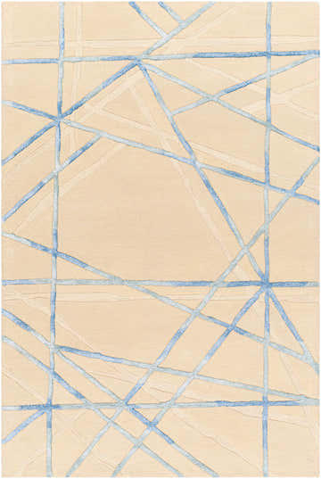 Close-up of Hiba Area Rug. Beige wool rug with blue and bone geometric lines, hand-tufted texture. Design-Rectangle-576