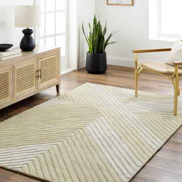Living room scene with a beige Juan rug, wood cabinet, gold chair, and plant. Contemporary style. Roomscene-Rectangle