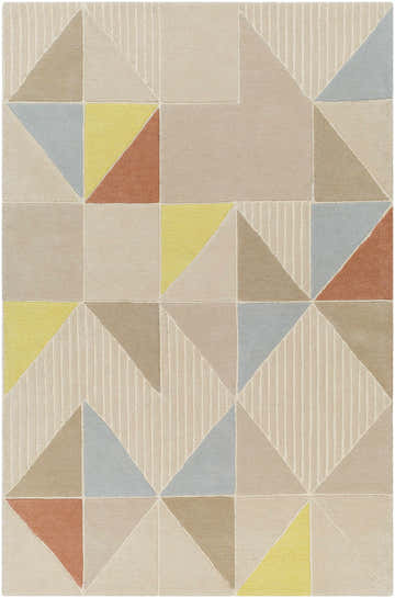 Close-up of the Mani Area Rug, a hand-tufted wool rug with a geometric pattern in camel, beige, gray, and yellow tones. Design-Rectangle-576