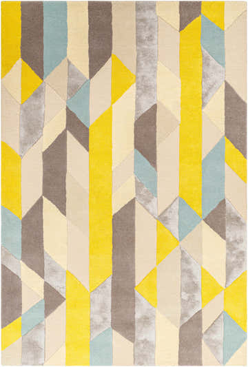 Close-up of the Zoie Area Rug. Hand-tufted wool rug with a geometric pattern in camel, gray, yellow, and light brown tones. Design-Rectangle-576