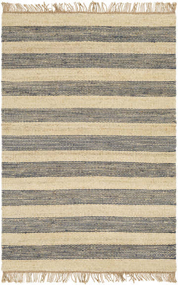 Close-up of Stapleford Striped Jute Carpet. Hand-woven rug with cream, navy, and tan stripes and tasseled fringe. Natural fiber texture. Design-Rectangle-576