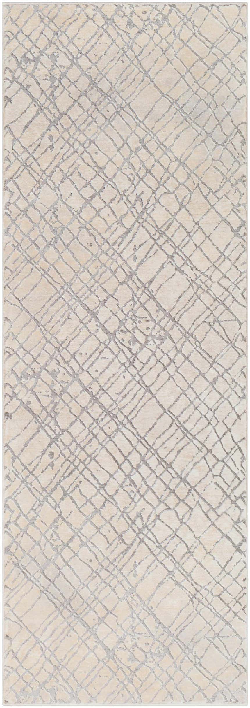 Close-up of Strykersville Area Rug. Beige rug with charcoal gray geometric line pattern. Contemporary, mid-century modern style. Design-Runner-2776