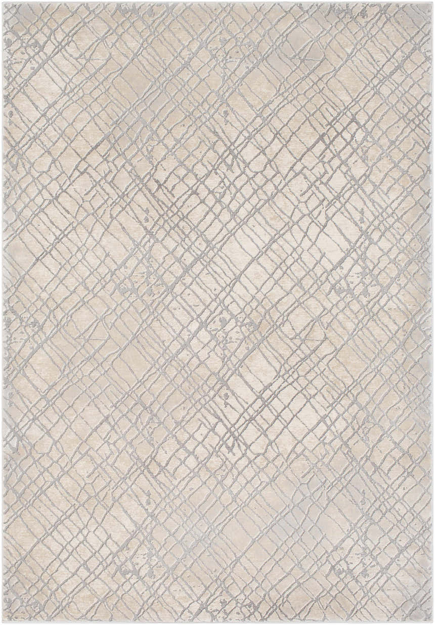 Close up of the Strykersville Area Rug, a beige rug with a charcoal geometric pattern. Design-Rectangle-5376