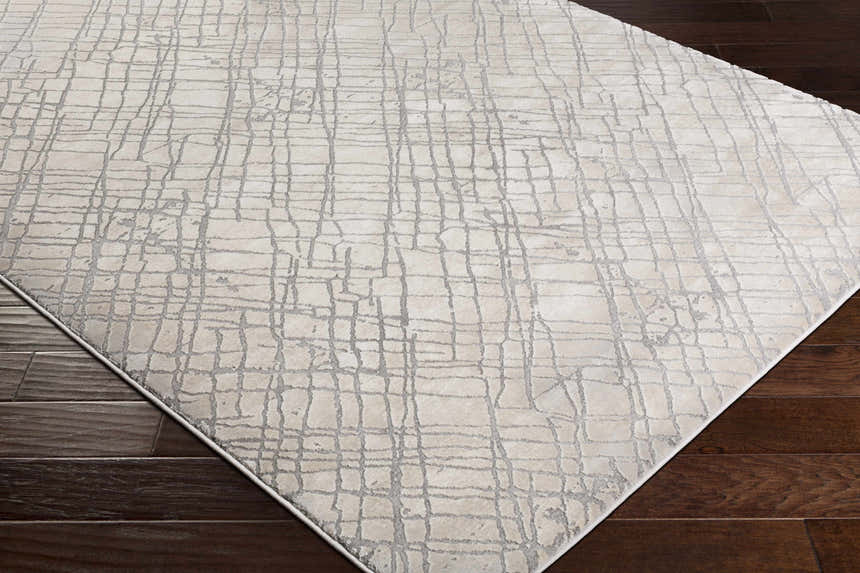 Close-up of the Strykersville Area Rug, a beige rug with a charcoal grid pattern, on dark wood flooring. Corner