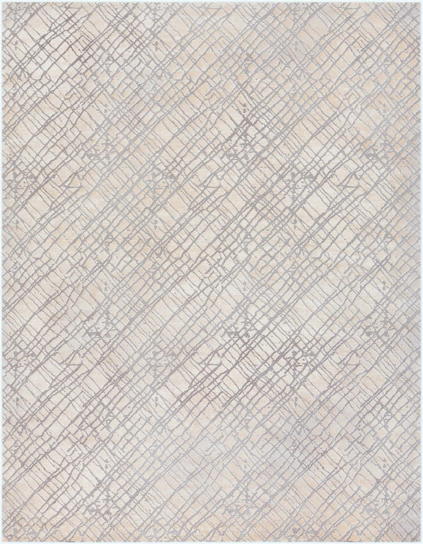 Close-up of Strykersville Area Rug. Beige rug with a charcoal gray geometric grid pattern. Contemporary style. Design-Rectangle-710103