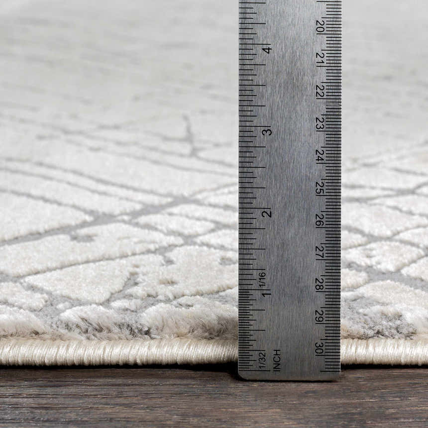 Close-up of the Strykersville Area Rug showing beige and charcoal abstract pattern and pile height with a ruler. Pile
