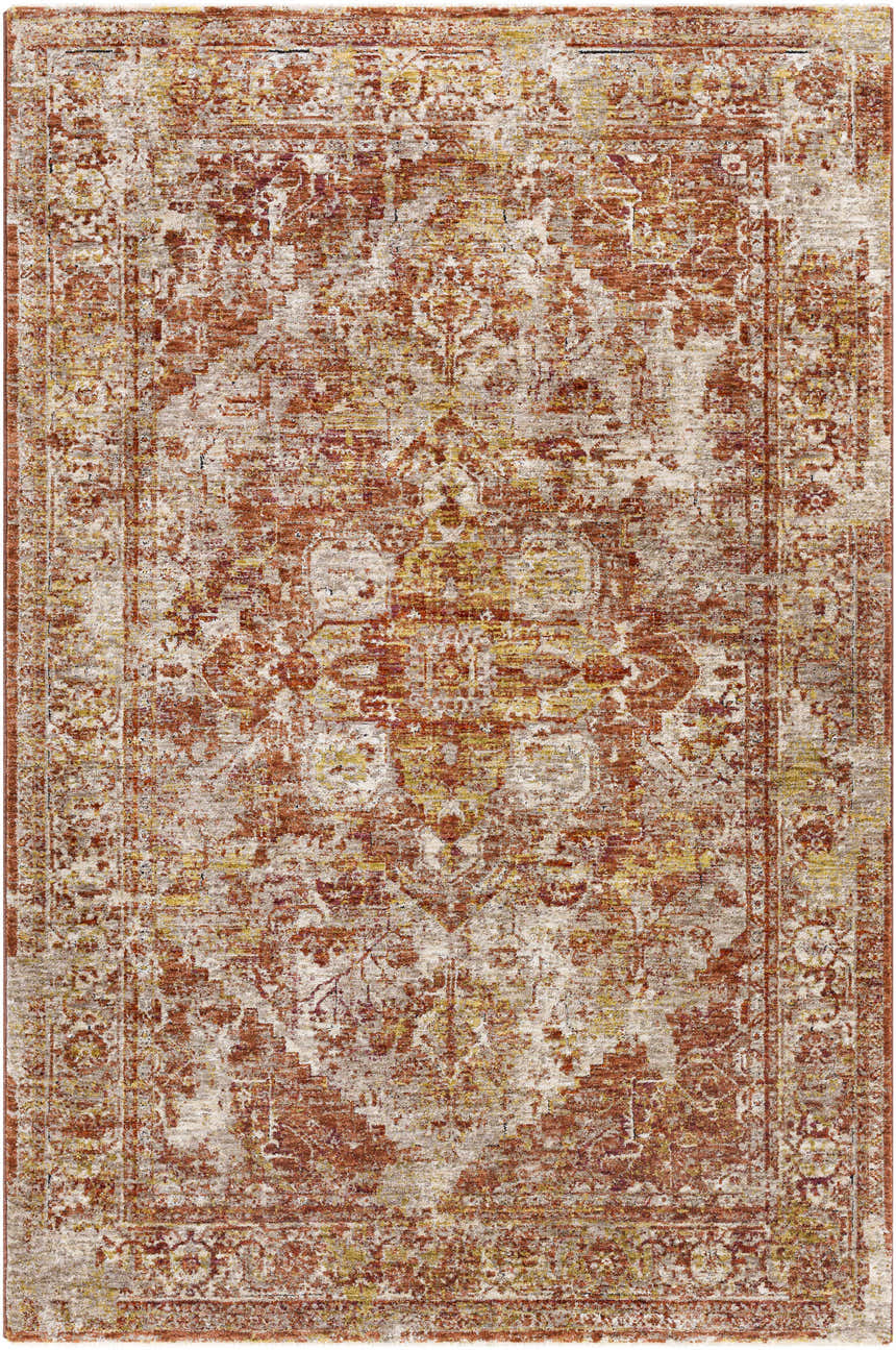 Close-up of the Strathbogie Traditional Red Area Rug, featuring a distressed oriental pattern in brick red, cream, and mustard. Design-Rectangle-575