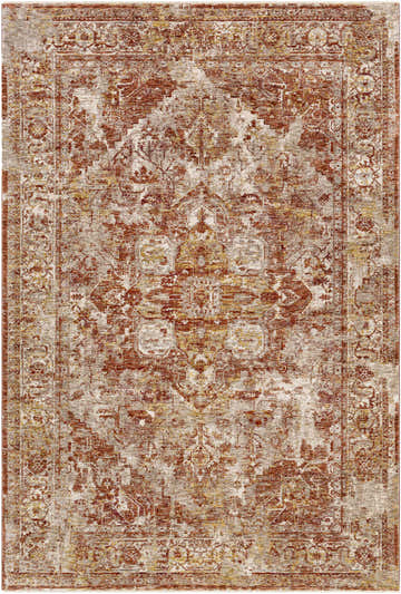 Close-up of the Strathbogie Traditional Red Area Rug featuring a distressed oriental pattern in brick red, cream, and mustard. Design-Rectangle-6796