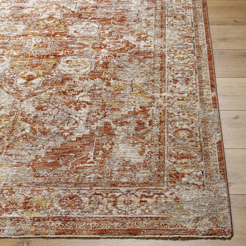 Close-up of the Strathbogie Traditional Red Area Rug showing its brick red, cream, and brown oriental pattern. Front