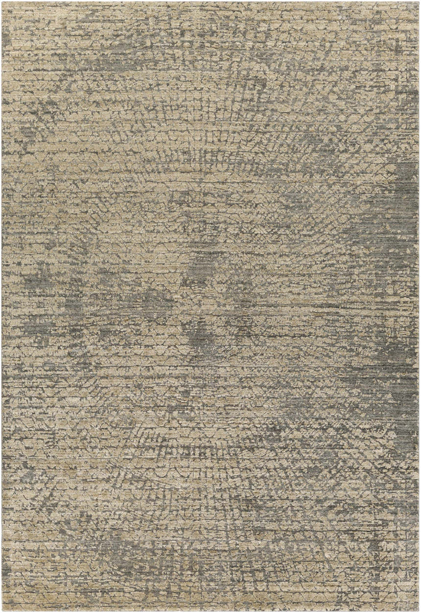 Close-up of the hand-knotted Streatley Area Rug. Beige, black, and gray contemporary design. Viscose texture. Design-Rectangle-69
