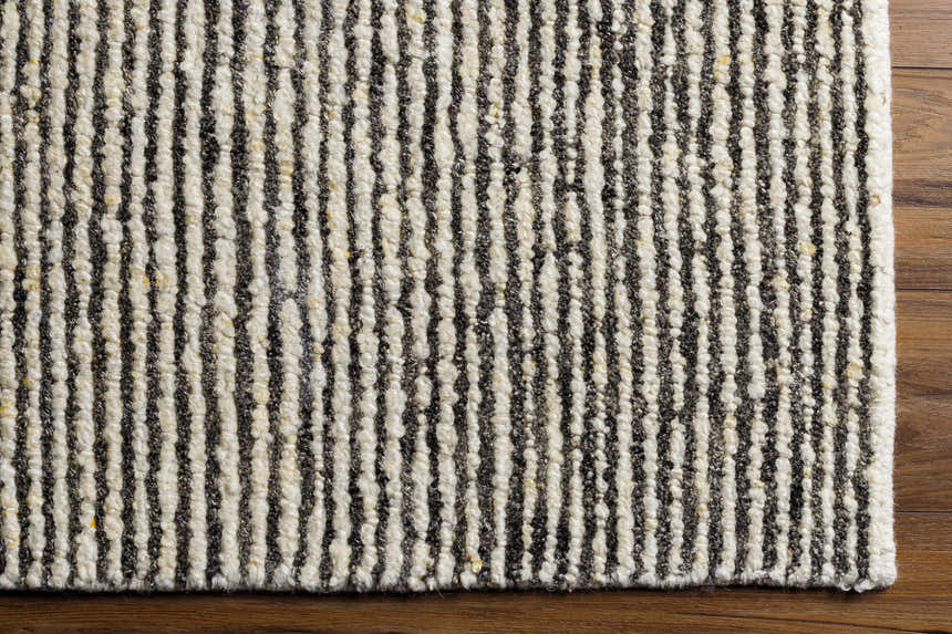Close-up of the hand woven Caius Area Rug showing a geometric striped pattern in beachhouse and taupe wool. Corner