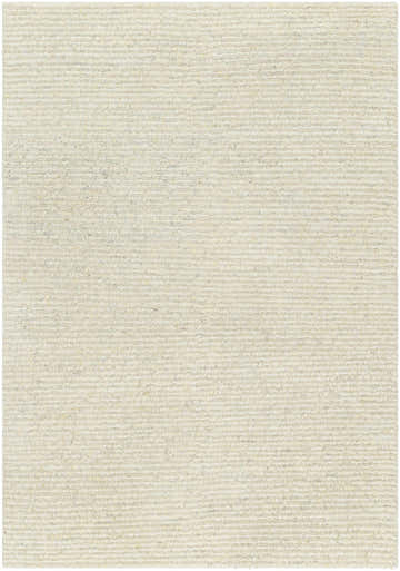 Close-up of the hand woven Chaz Cream Wool Rug, featuring a subtle horizontal striped pattern and soft texture. Design-Rectangle-576