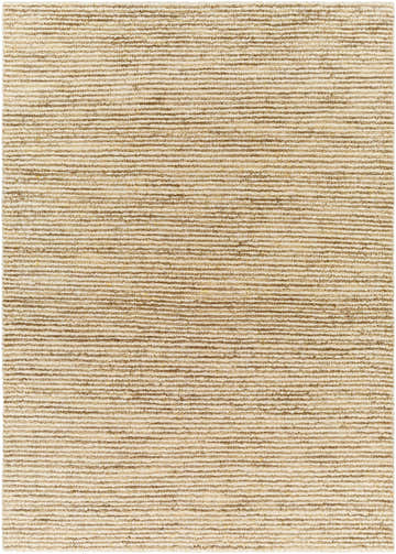 Close-up of the hand woven Dewei Area Rug. Beige and tan wool rug with a subtle, horizontal striped pattern. Design-Rectangle-576