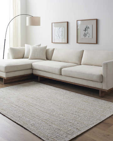 Living room scene with a beige Adahy Area Rug, sectional sofa, and minimalist art. Roomscene-Rectangle